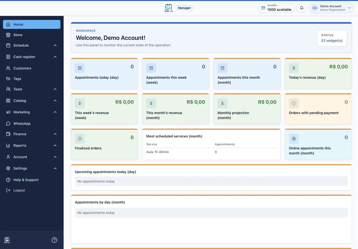 Dashboard web do Gendaize com indicadores de agendamentos, receitas e operação